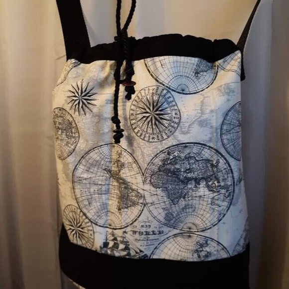 Travel the Globe Bucket Tote Sling Bag Map Print Ivory Black Large Oval carryall - Picture 2 of 7